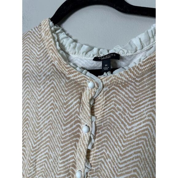 Talbots Sweater Cardigan Womens M Tan Chevron Ruffle Trim Button Lightweight - Picture 2 of 7